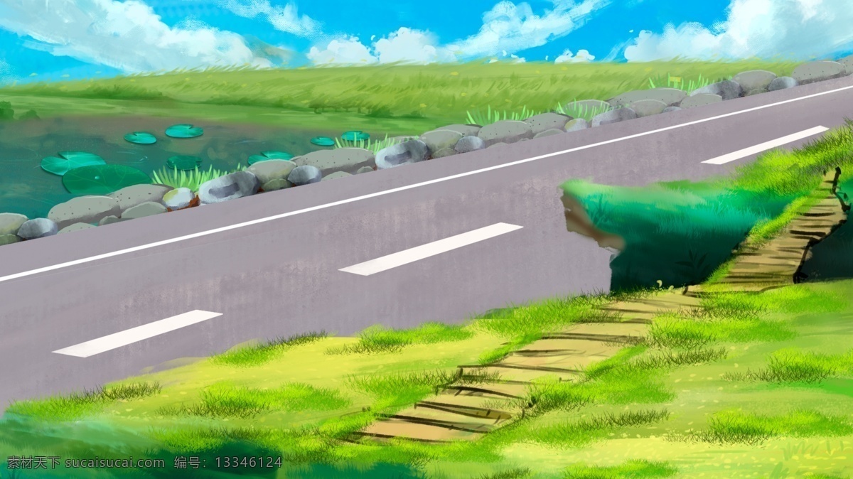 卡通 手绘 绿色植物 风景 插画 背景 绿色背景 治愈系背景 插画背景 植物背景 唯美 绿地背景 蓝天白云 道路背景