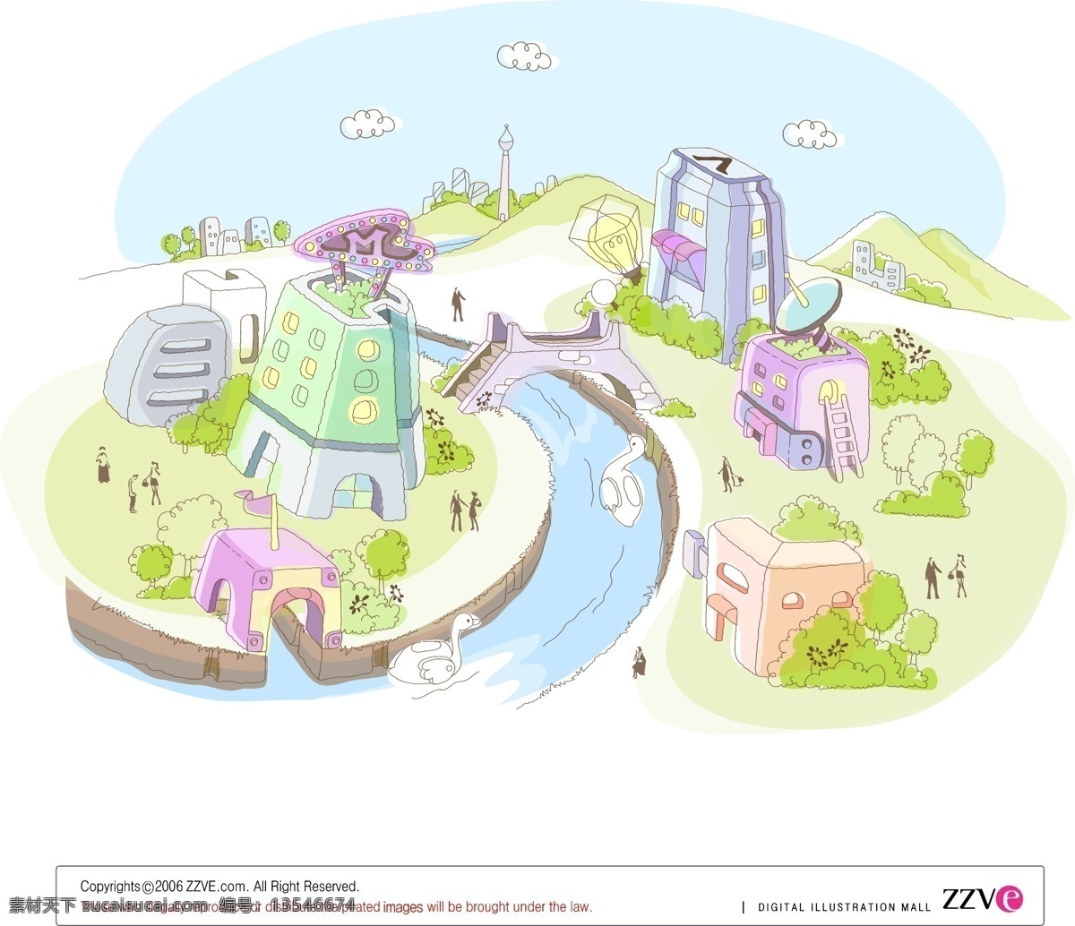可爱 手绘 河边 城市 矢量 场景 建筑 街景 矢量素材 矢量图 建筑家居