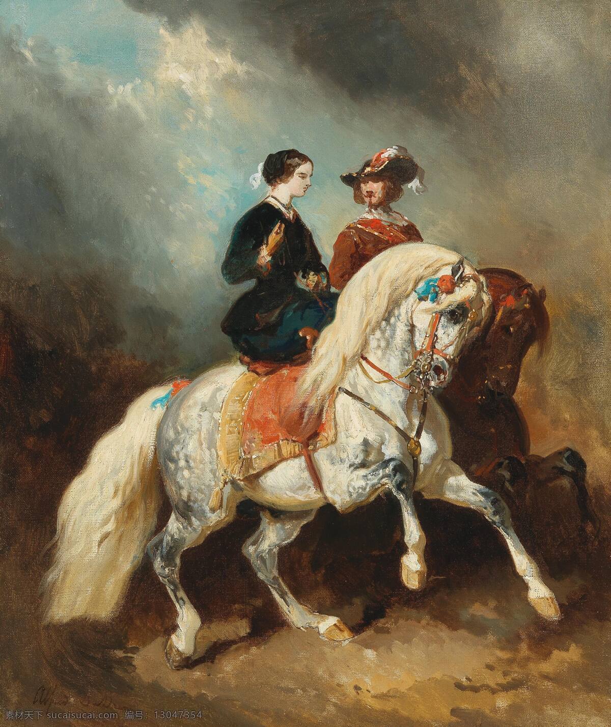 艾尔弗雷德 德勒 作品 邂逅 骑马 年轻姑娘 贵族男子 交谈 19世纪油画 油画 文化艺术 绘画书法