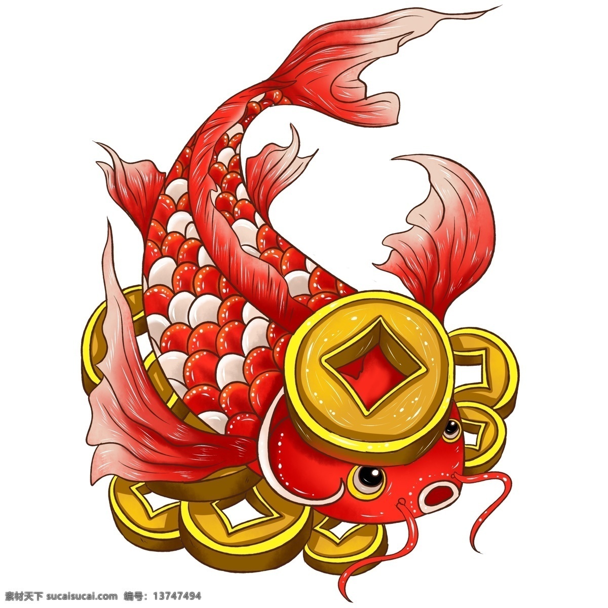 商用 手绘 新年 喜庆 中国 风 动物 铜钱 鲤鱼 元素 中国风 海报素材 锦鲤 铜钱鲤鱼