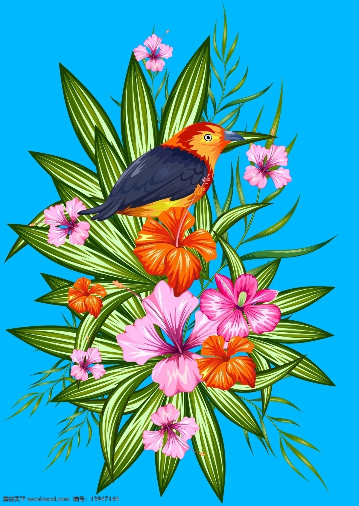 热带 植物 小鸟 插画 花朵 花卉 叶子 唯美
