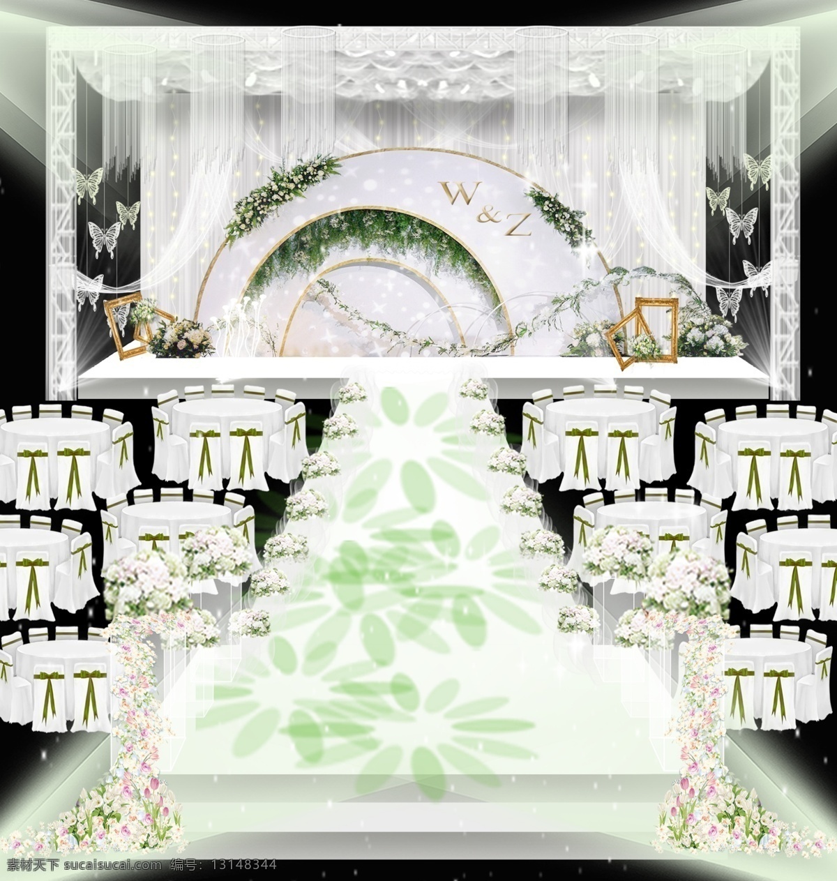 白绿色婚礼 吊顶纱 线帘 布幔 造型 透明 亚克力