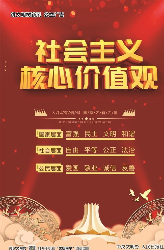 核心价值观 文明健康 有你有我 公益广告 南宁 广西 海报 讲文明 树新风 社会主义 富强 民主 文明 和谐 自由 平等 公正 法治 爱国 敬业 诚信 友善 会展中心 铜鼓 和平鸽 祥云 红色海报