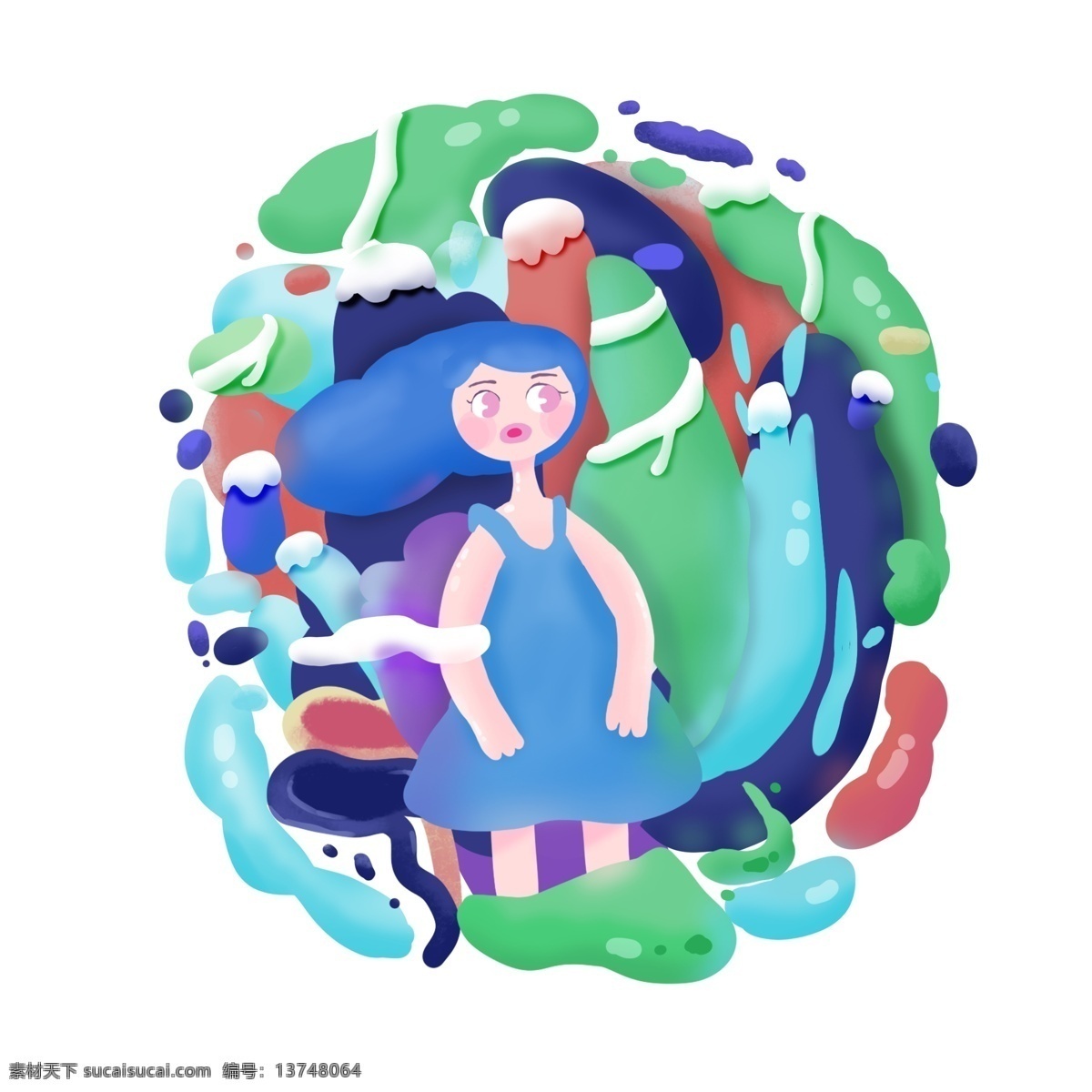人物 可爱 女孩 漂浮 圆形 圆润 手绘 元素 糖果