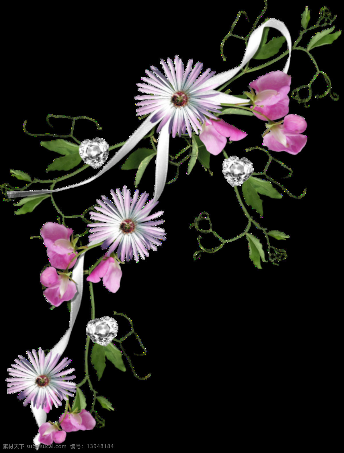 清新 紫色 小花 手绘 菊花 装饰 元素 花枝 绿叶 植物 装饰元素 紫色花朵