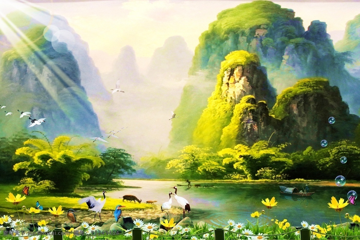 分层 晨雾 大自然 风景 风景模板 高山 光线 桂林山水 世外桃源 人间仙镜 人间美景 人间天堂 世外桃园 美景 湖水 清湖 清静的湖水 小河 河流 河水 水 流水 小鸟 鸟 青山 山峰 群山 山恋 蝴蝶 小船 绿叶 树叶 绿色 绿竹 竹子 竹叶 雾 阳光 花草树木 装饰画 山水画 油画 源文件 装饰素材