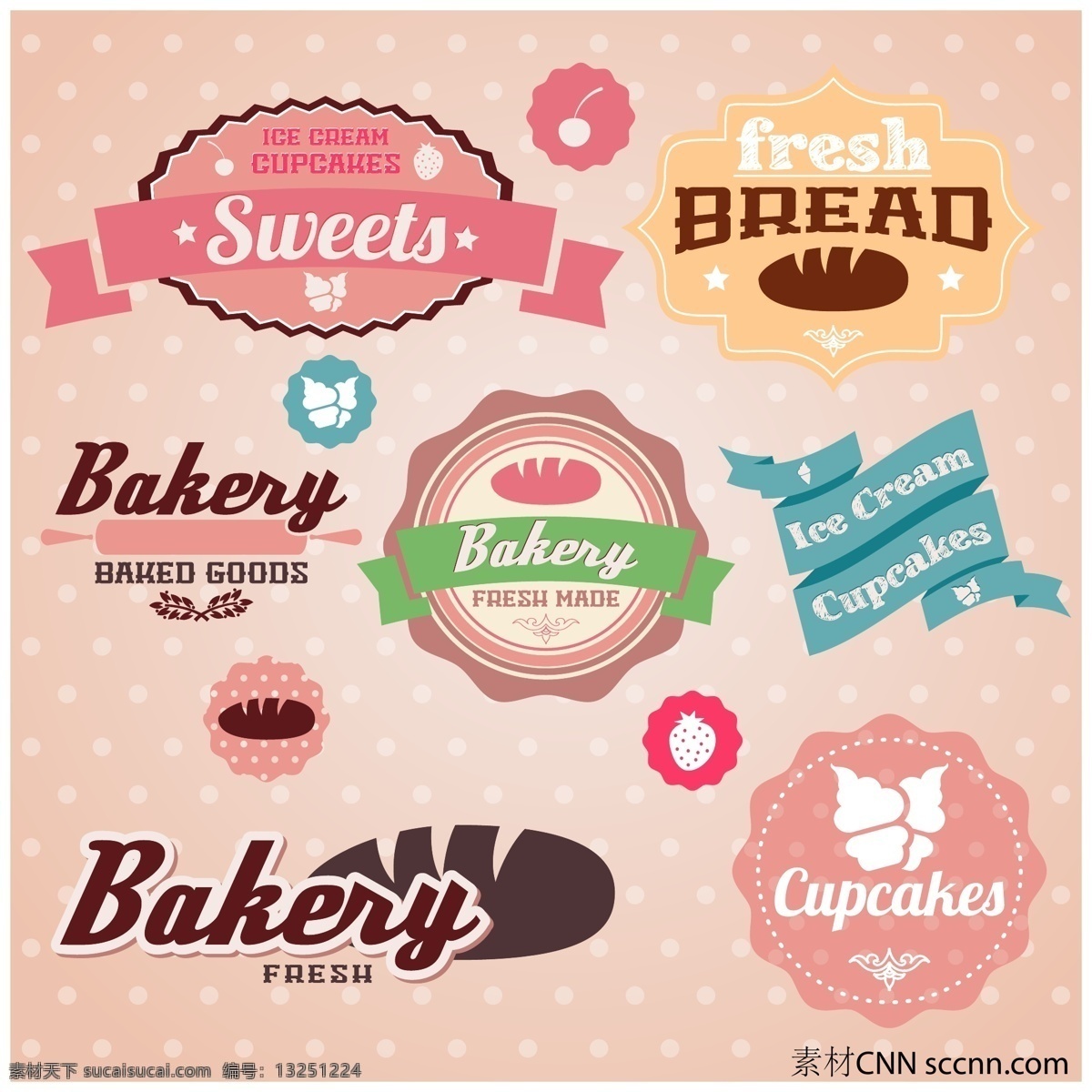 美味 面包 甜品 标签 矢量 标签设计 精美标签 面包标签 模板 设计稿 食物标签 素材元素 甜品标签 炫彩标签 源文件 矢量图