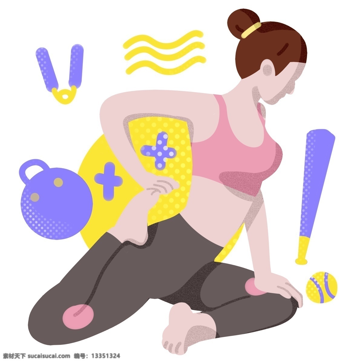 瑜伽 运动 女孩 插画 练瑜伽的女孩 蓝色棒球棒 黄色棒球 健身器材 锻炼身体 健身的女孩