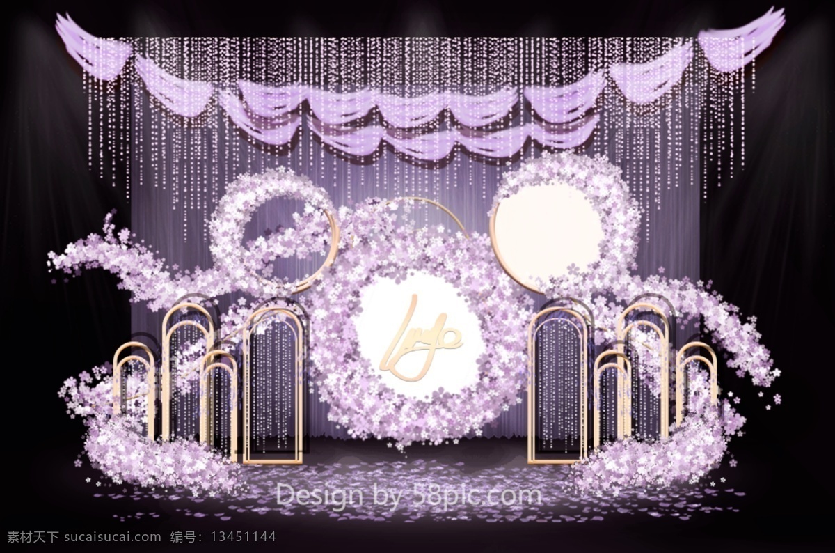 紫色 浪漫婚礼 效果图 浪漫 唯美 铁艺 花瓣 铁环 拱形架 水晶帘 纱幔