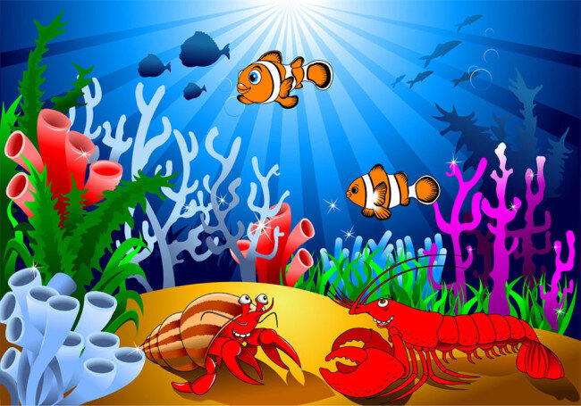 海底 动物 海鱼 海草 海底世界 海螺 海藻 珊瑚 矢量 矢量素材 水草 水母 绚丽 海底景观