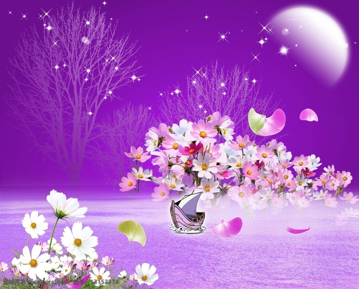 鲜花 树剪影 大波斯菊 月亮 月夜 夜色 树 星星 大海 船 紫色 背景素材 分层 花 源文件