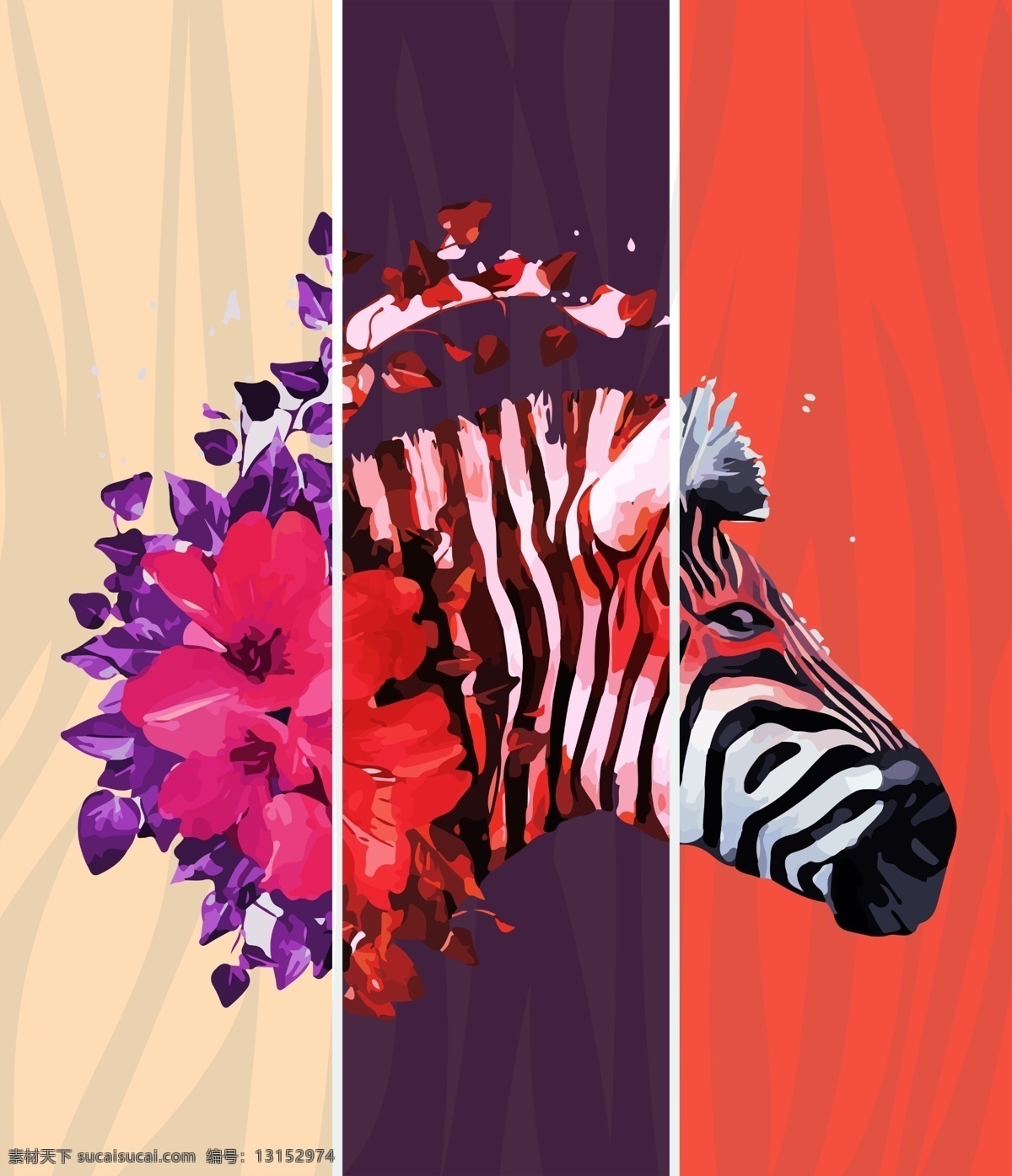 斑马先生 斑马 纹理 壁纸 壁画 挂画 色彩 动物 服装图案 花朵 植物 面料图库 红色 紫色 装饰