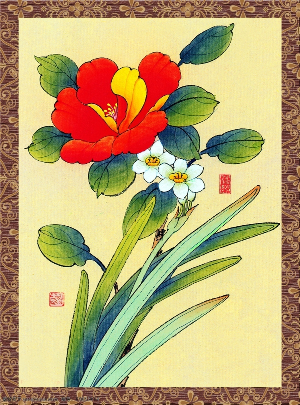 国画 花 边框 丹青 底纹 花朵 花鸟 画框 枝叶 国画精品 装饰素材 室内装饰用图