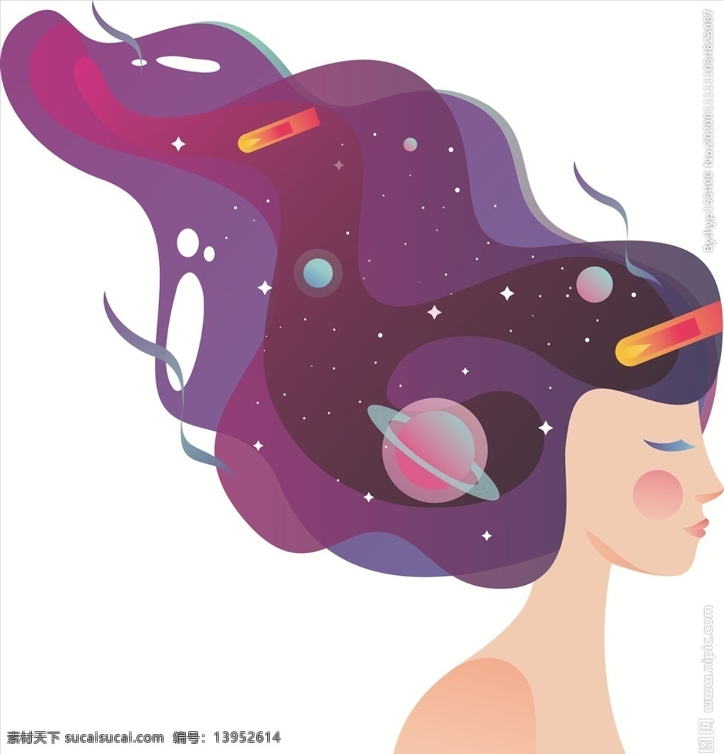 一个 宇宙 星空 图案 头发 女孩 矢量图系列