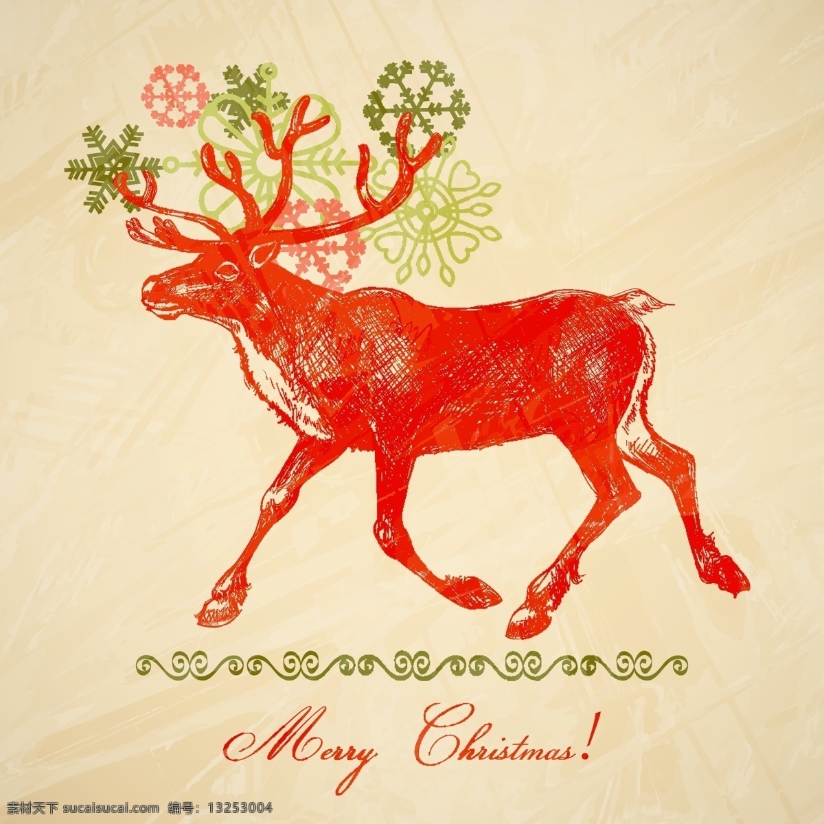 手绘 风格 麋鹿 矢量 圣诞节 雪花 媒介动物 矢量图 矢量人物