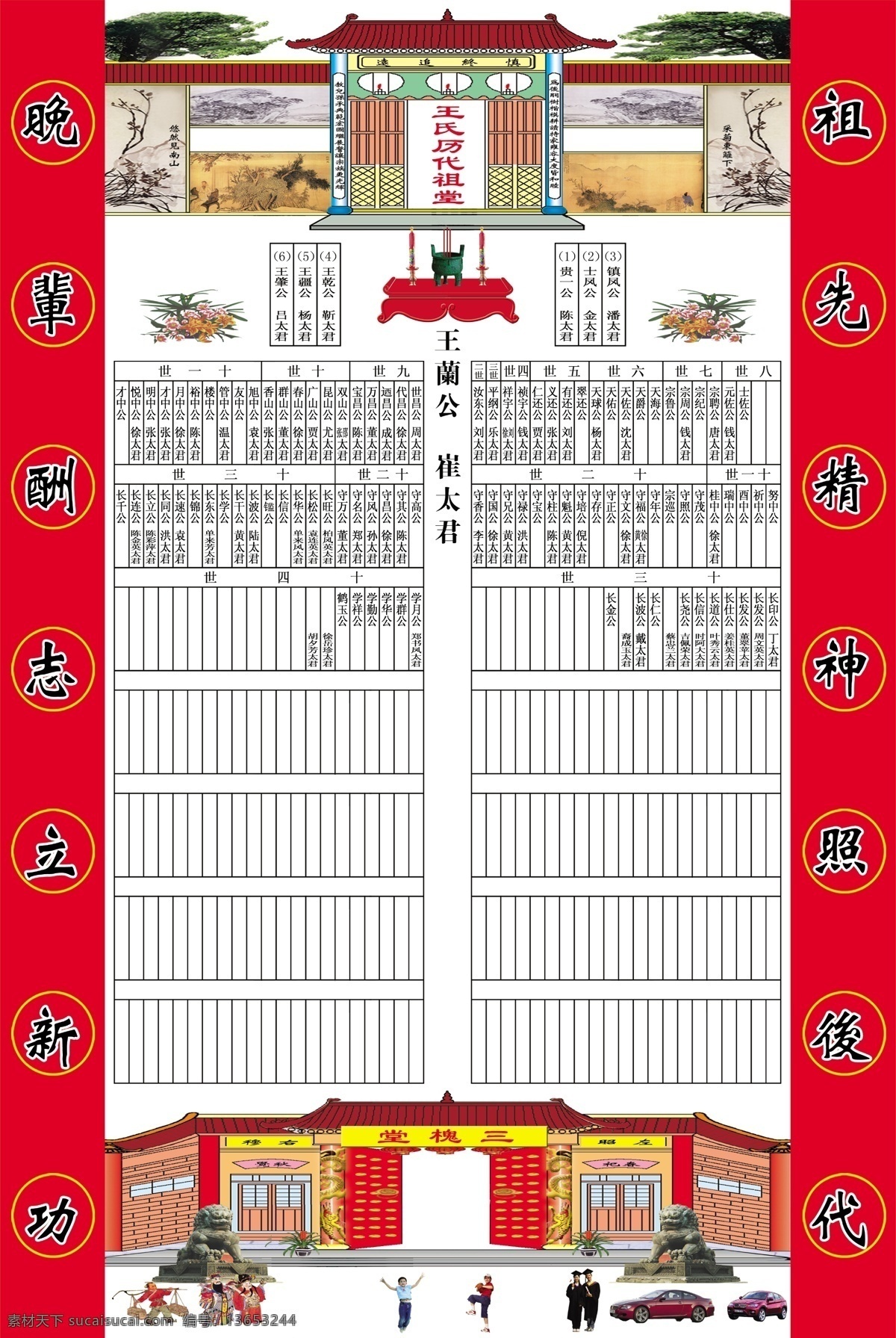 宗祠 祖先簇 古代人物 对联 围墙 现代人物 博士 汽车 烛台 画 关公 分层 源文件
