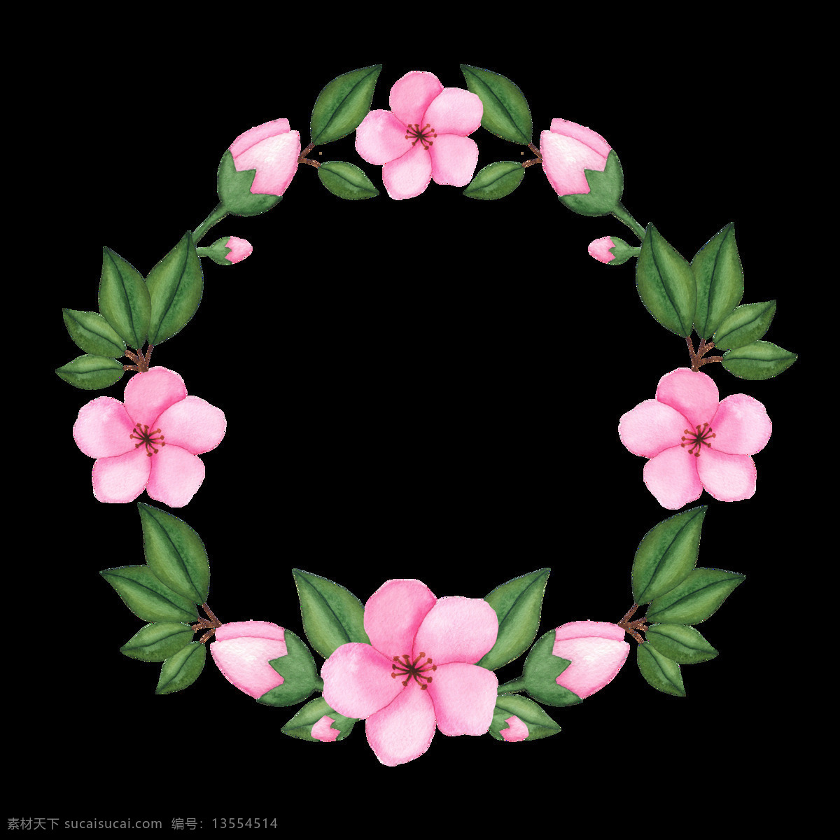 逼真 粉红色 绿色 免扣素材 手绘 水彩 透明素材 唯美 鲜花 叶子 装饰图案 长春花 花环 透明
