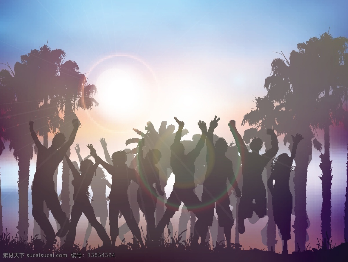 夏日派对背景 背景 树 人 夏天 太阳光 舞蹈 快乐的剪影 庆典 节日 事件 棕榈树 棕榈 灯光 人群 群体 人的轮廓 跳舞 灰色