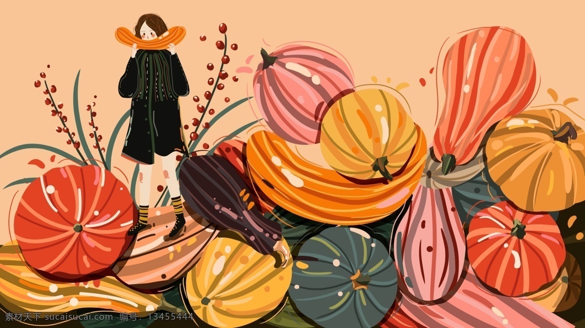秋分 立秋 秋季 南瓜 女孩 原创 插画 秋天 海报 配图 日签 暖色系