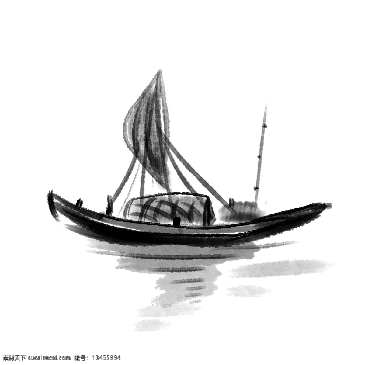 黑色 水墨 渔船 插画 黑色水墨渔船 水墨小船 小船插画 手绘帆 划船 海上 海洋 小河 手绘 艺术 交通工具