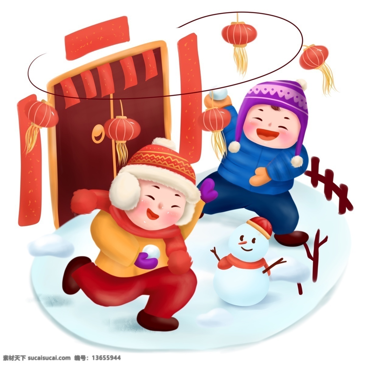 打雪仗 新年 过节 喜庆 团圆 玩耍 游戏 商用 配 图 人物 插画 儿童 新春 春节 过年 欢乐 手绘 配图 冬天 冬季