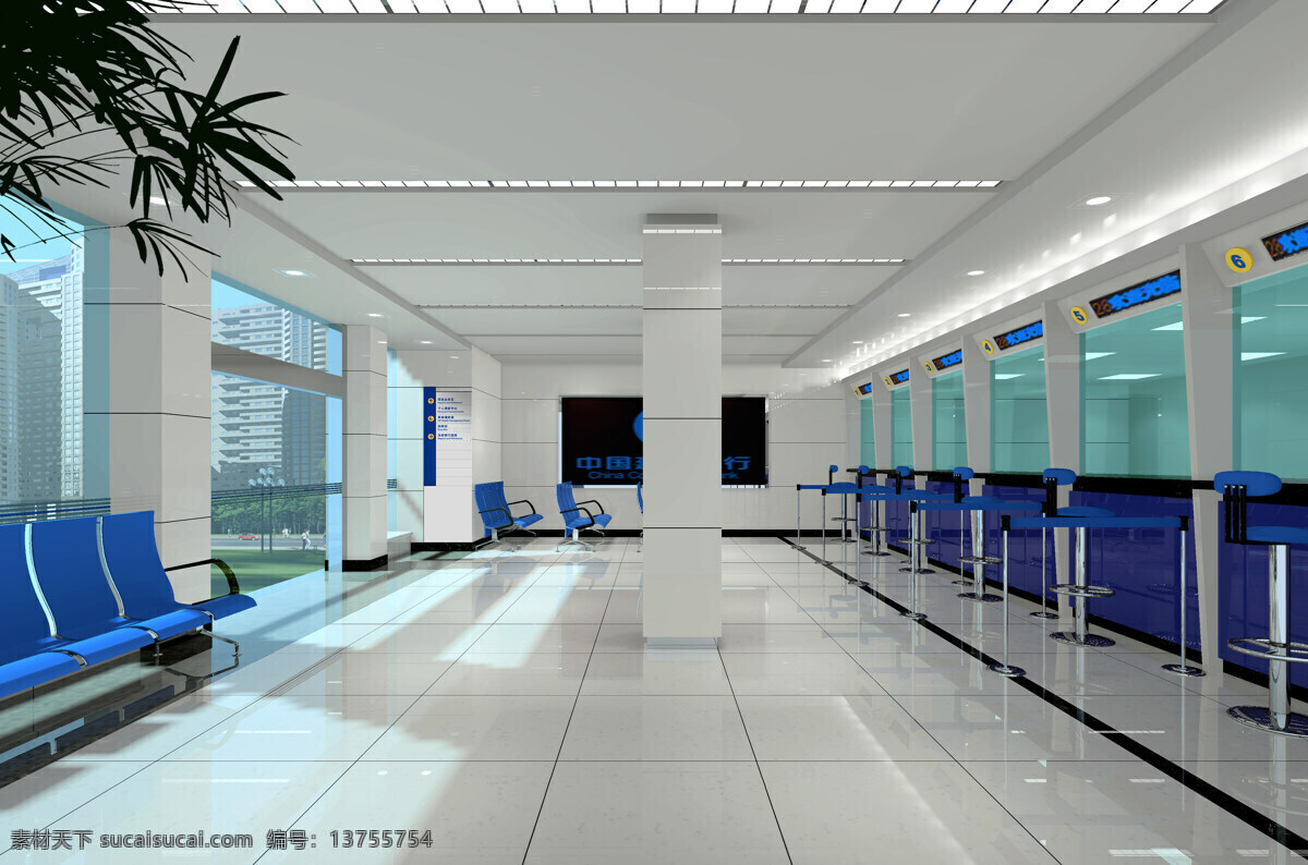 银行营业厅 吊顶 造型 灯光 灯具 地面 地砖 家具 柜台 玻璃 室内设计 环境设计