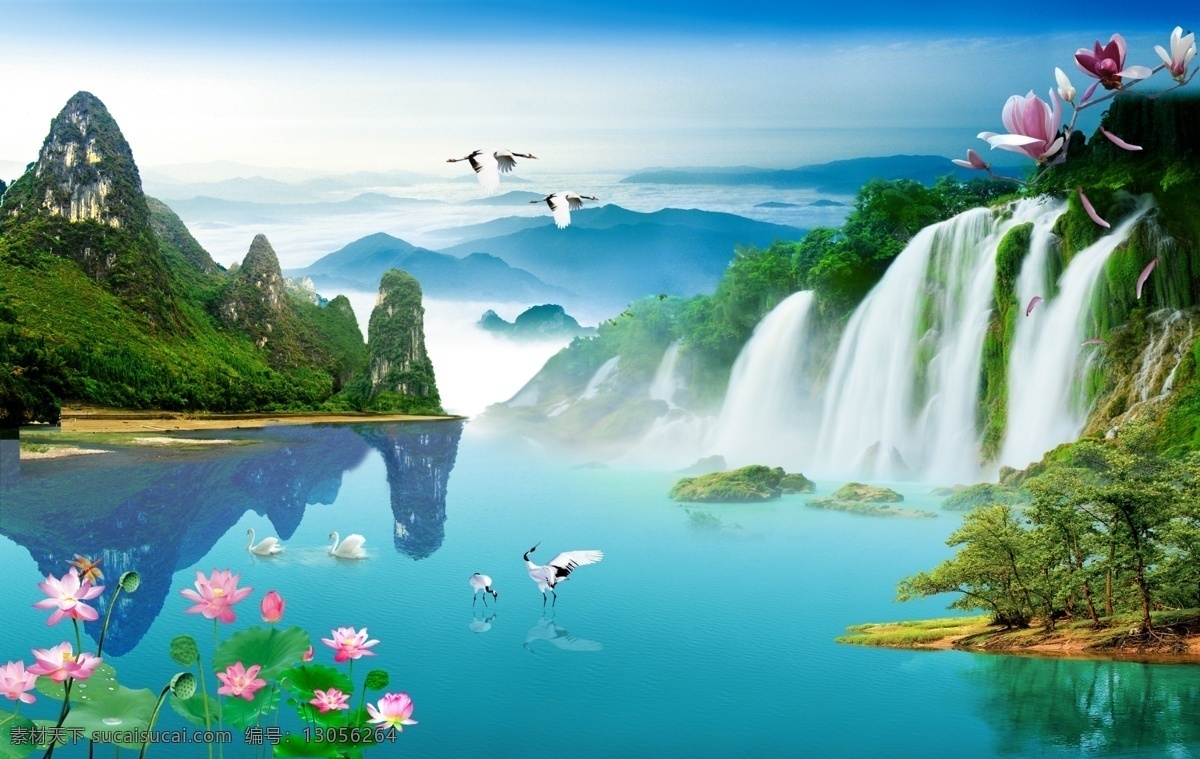 江山如画 流水生财 自然风景 风景如画 荷花 荷叶 流水生存 财源滚滚 仙鹤 流水 自然风光 风景名胜 写着图 和气生财 高山流水 中堂画 巨幅风景画 风景 分层 源文件
