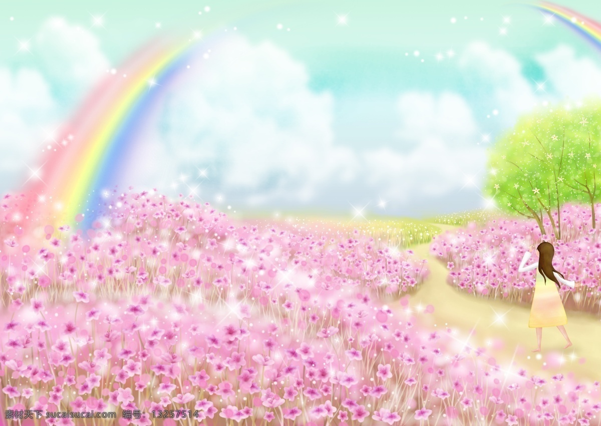 水彩风格 花海 中 欣赏 彩虹 女孩 春天 野花 粉色花朵 光晕 星光 蓝天 白云 树 白色