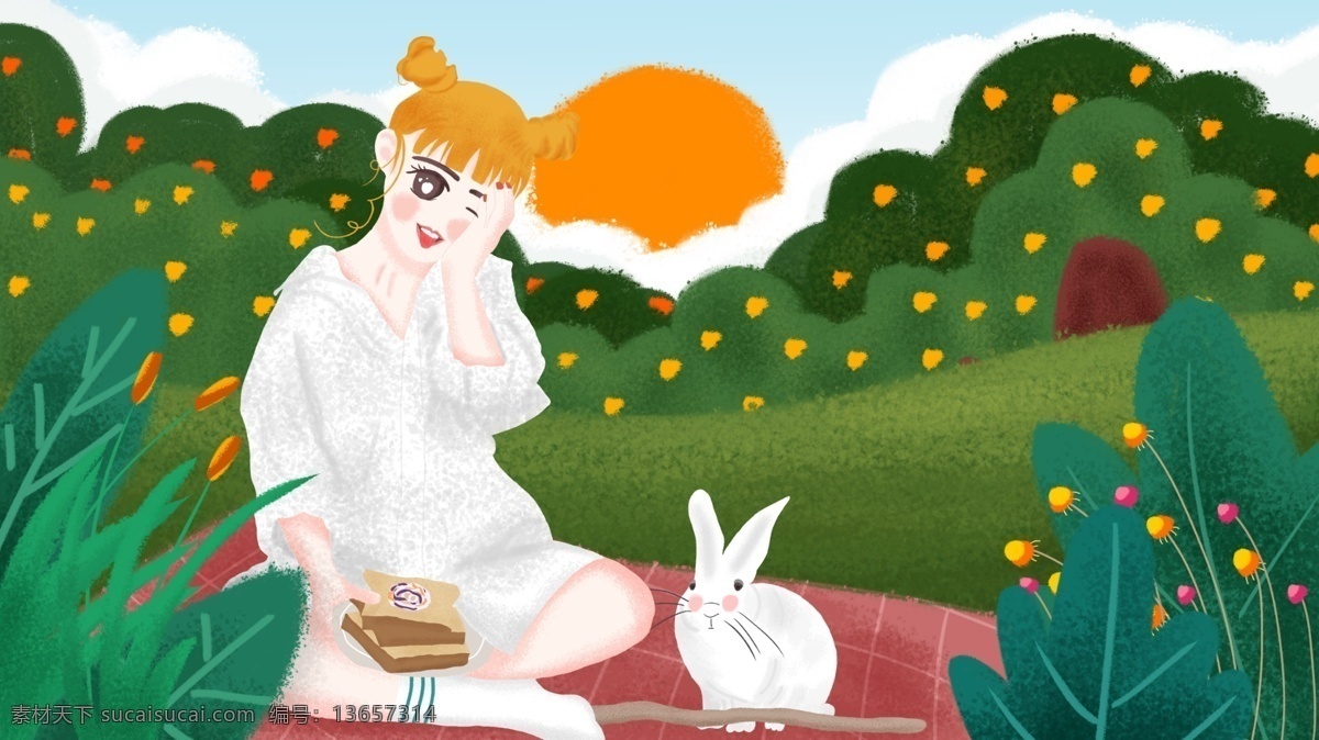 原创 插画 卖 萌 日 可爱 女孩 小 兔子 草地 树林 蓝天 白云 卖萌日