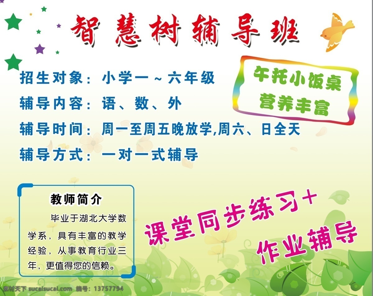背景 辅导班 广告设计模板 花朵 教师简介 卡通 绿色背景 幼儿园 展板 幼儿园展板 星星 小鸟 叶子 源文件 海报背景图