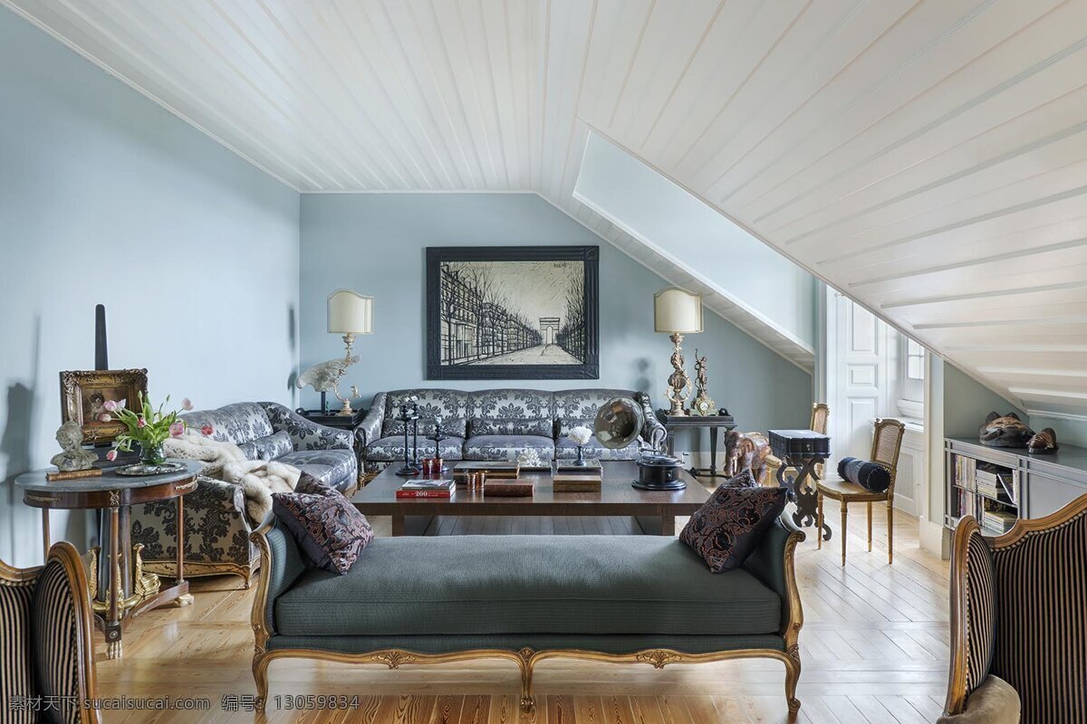 欧式 款 客厅 方形 吊顶 装修 效果图 不规则吊顶 白色灯光 蓝色墙壁 木地板 床头凳子