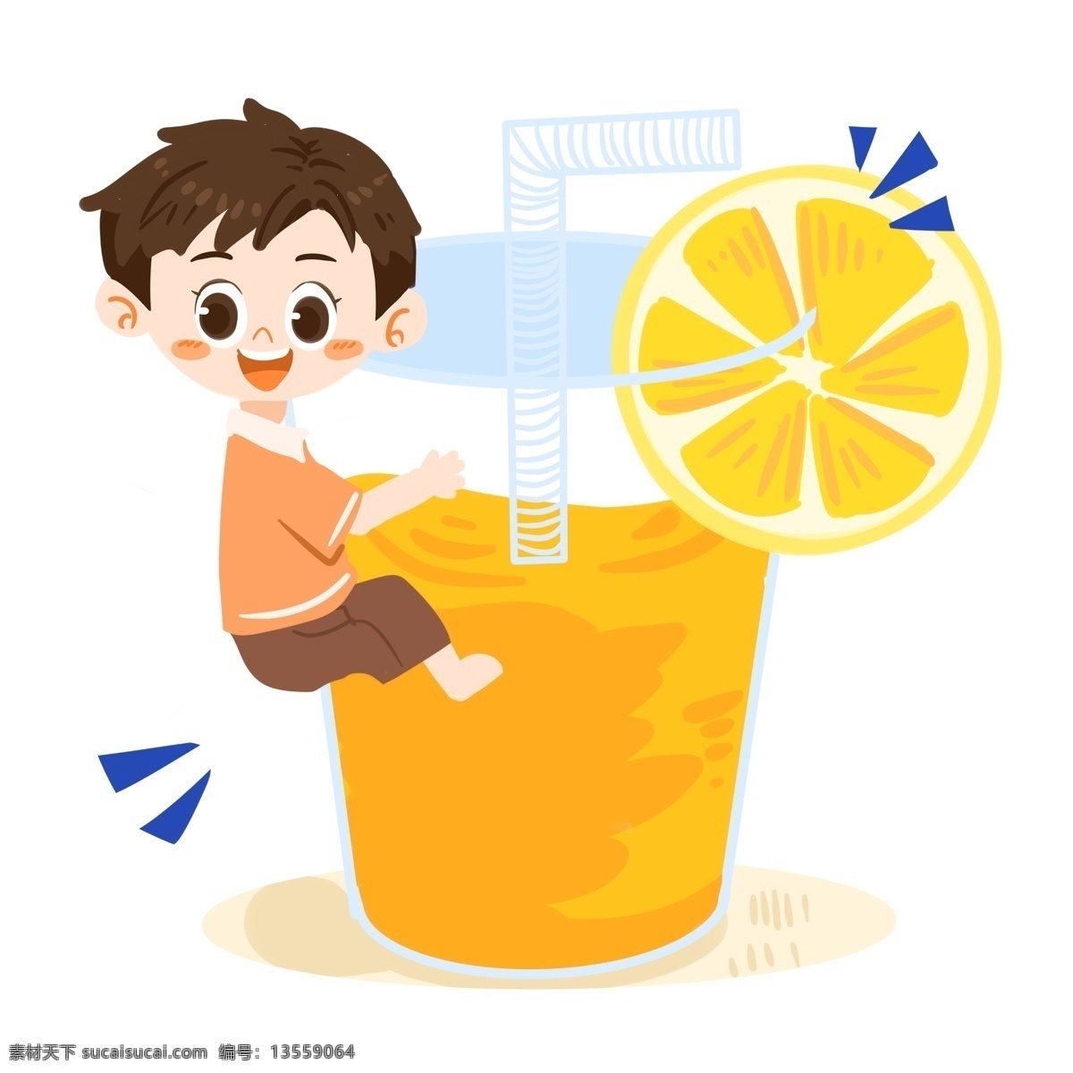 夏日 卡通 男孩 橙汁 橙子 避暑 解渴 大杯果汁