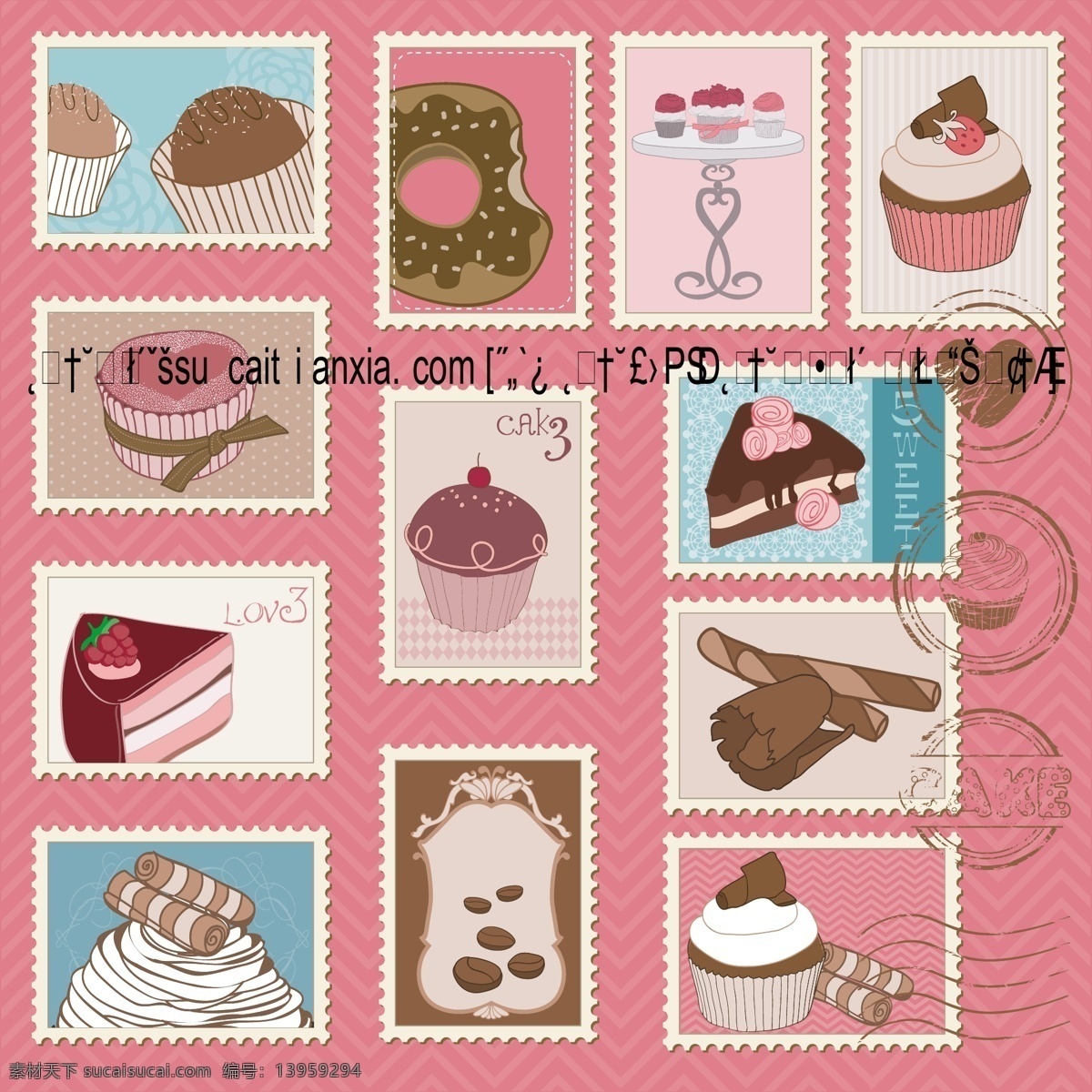 西式 糕点 画稿 邮票 矢量 冰激凌 饼干 蛋糕 甜点 矢量图 其他矢量图