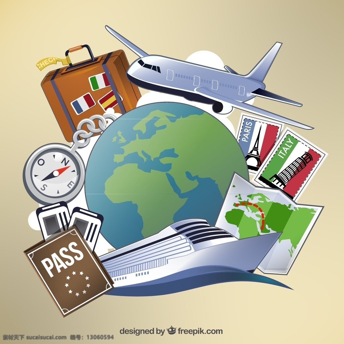 美环球旅行 插画矢量 飞机 地球 旅行箱 地图 指南针 护照 环球 旅行 邮票 轮船 矢量图 ai格式