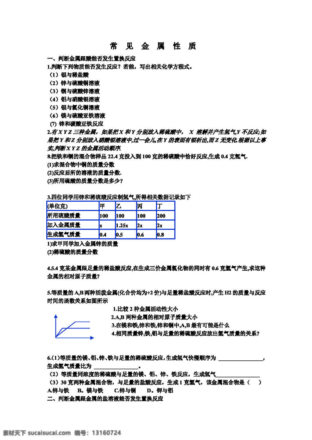 九 年级 上 科学 五 节 寻找 金属 变化 规律 试题试卷 浙教版