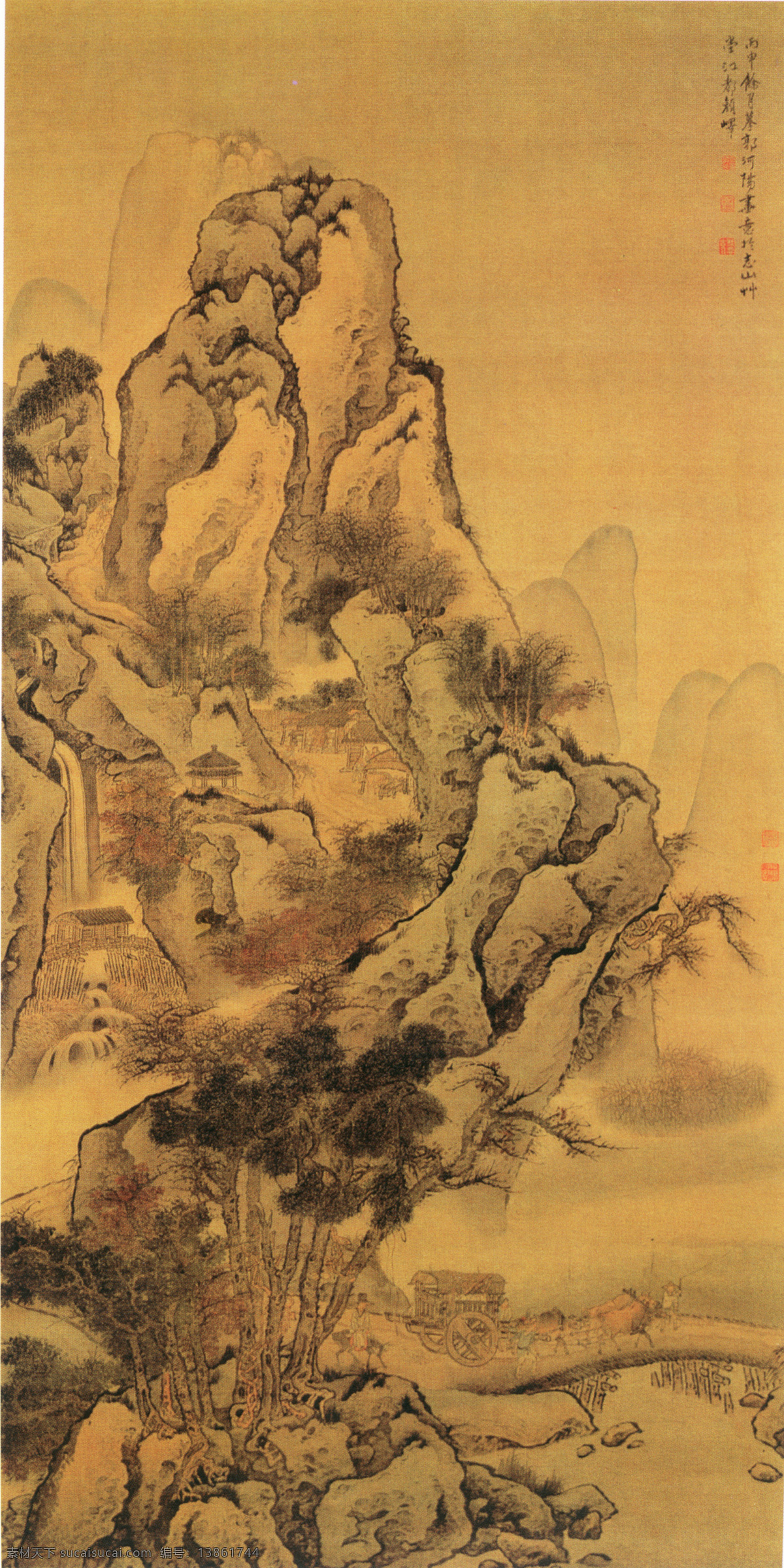 名家 顾 峄 山水 名画 书画 秋山 行旅 图 古画 山水画 书画真迹 中国水墨画 秋山行旅图 名家顾峄 立轴 绢本 设色 山高林密 古道斜阳 平桥架溪 车马倦行 文化艺术