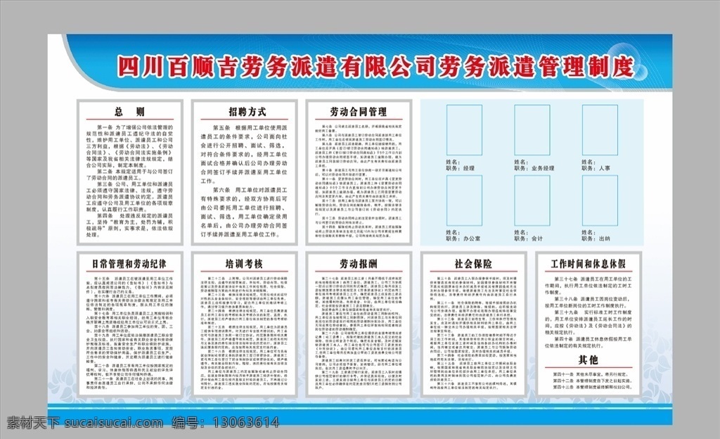 培训制度 制度 蓝色展板 劳务合同 劳动纪律 社会保险 培训考核 展板模板