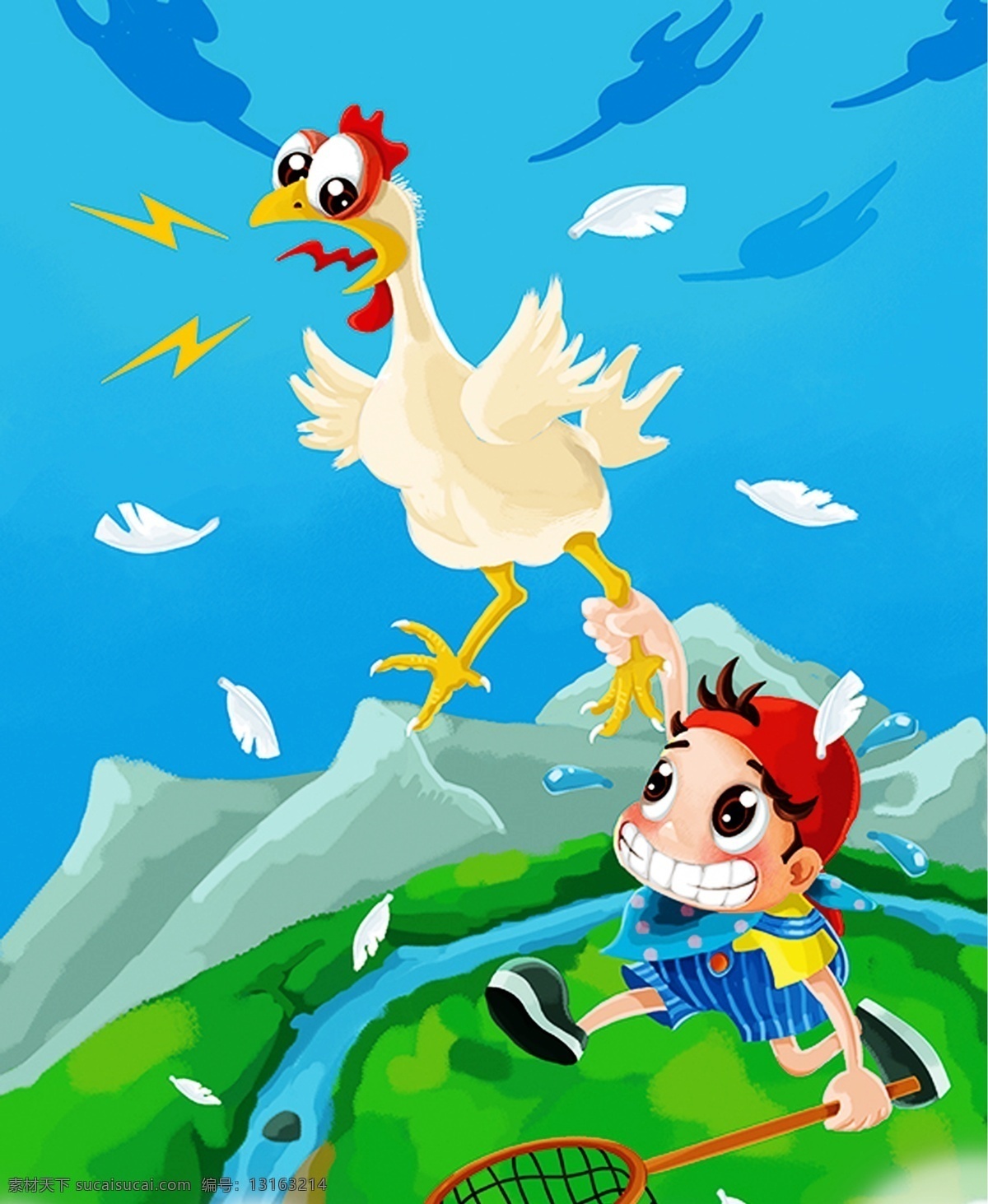 手绘儿童插画 手绘 儿童插画 广告背景 小男孩 公鸡 手绘海报