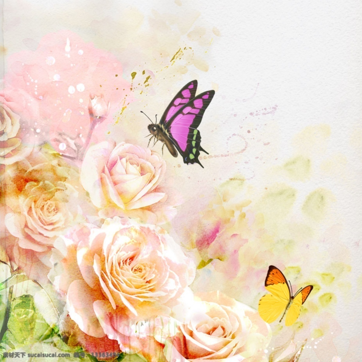 唯美 花朵 背景 图 水彩画 简约 蝴蝶 女装 温馨 浪漫 白色