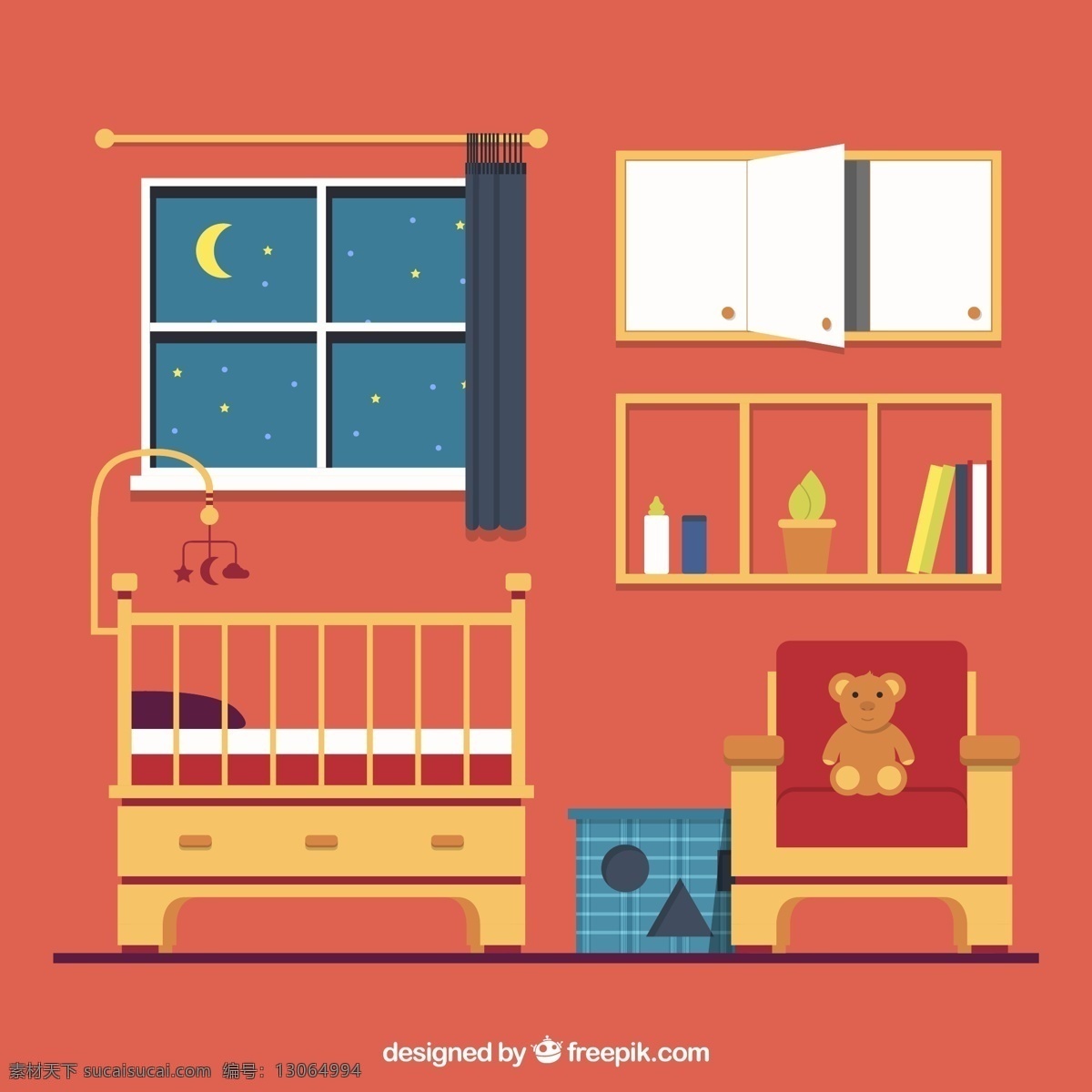 夜晚的婴儿房 夜晚 婴儿房 窗户 星星 月亮 窗帘 书架 婴儿床 生活用品 生活百科