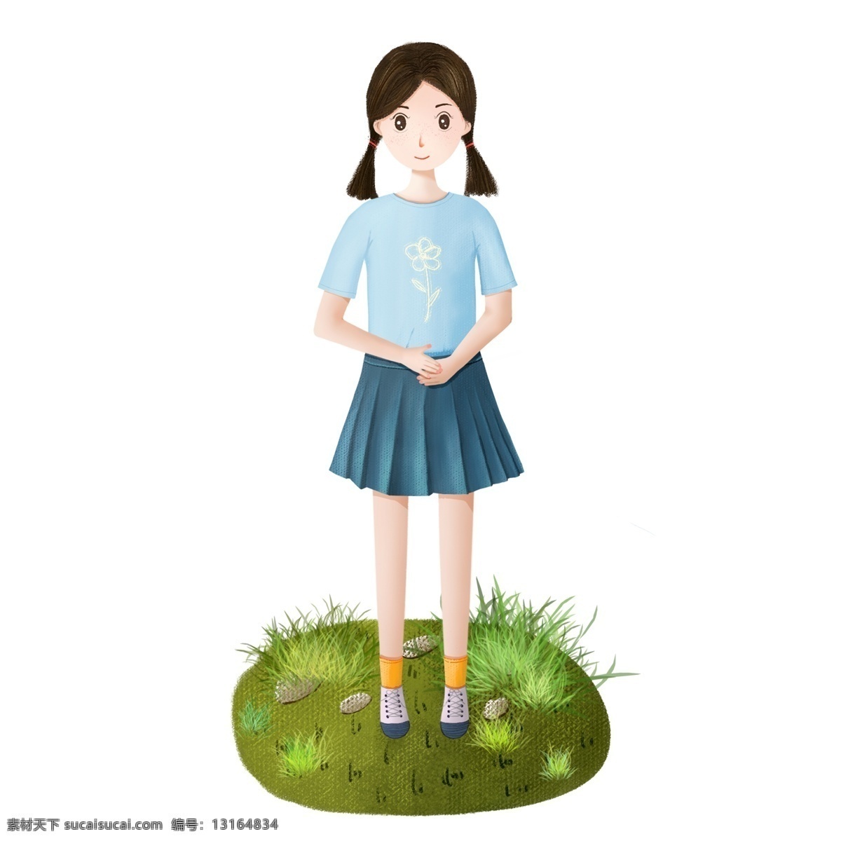 卡通 可爱 穿 短裙 女孩 蓝色短裙 草地 春天