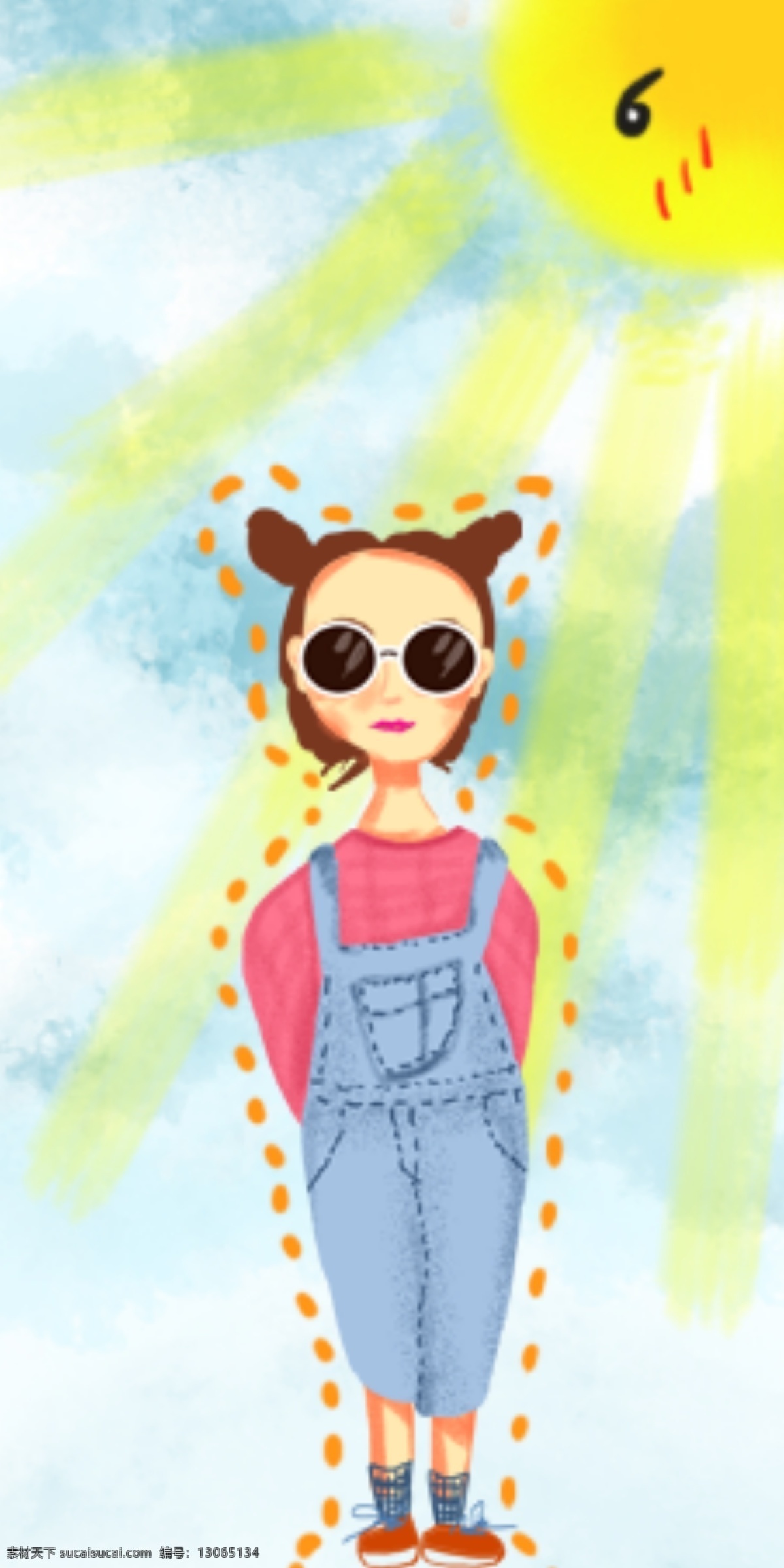 原创 手绘 女孩 手机壳 行人 小女孩 插画 墨镜 阳光 日用品包装