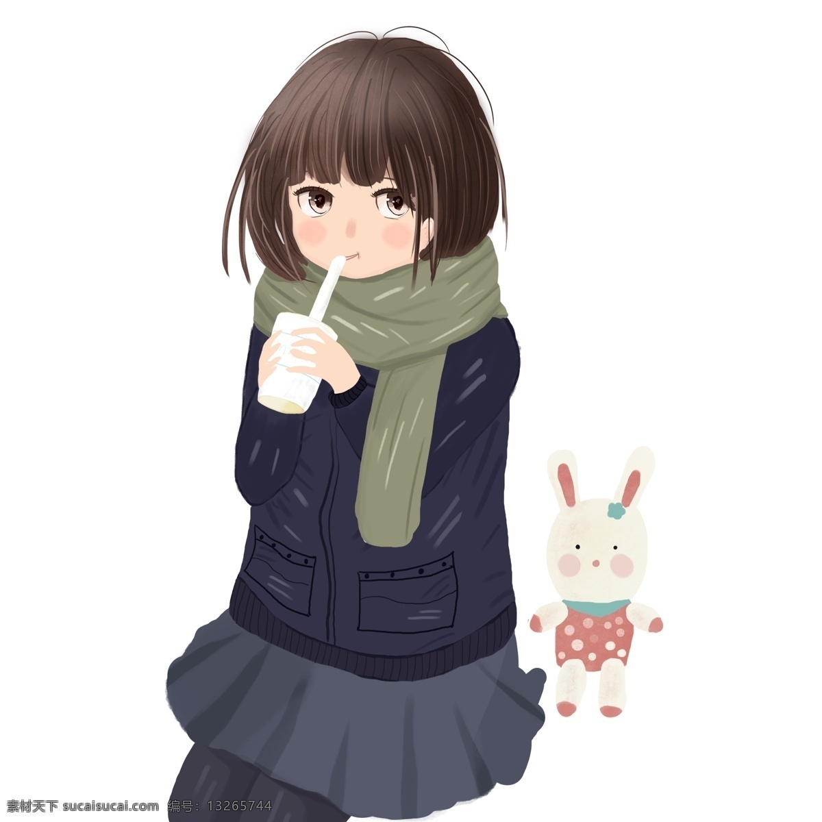 喝 果汁 女孩 兔子 玩偶 小清新 卡通 插画 人物 饮料 喝饮料