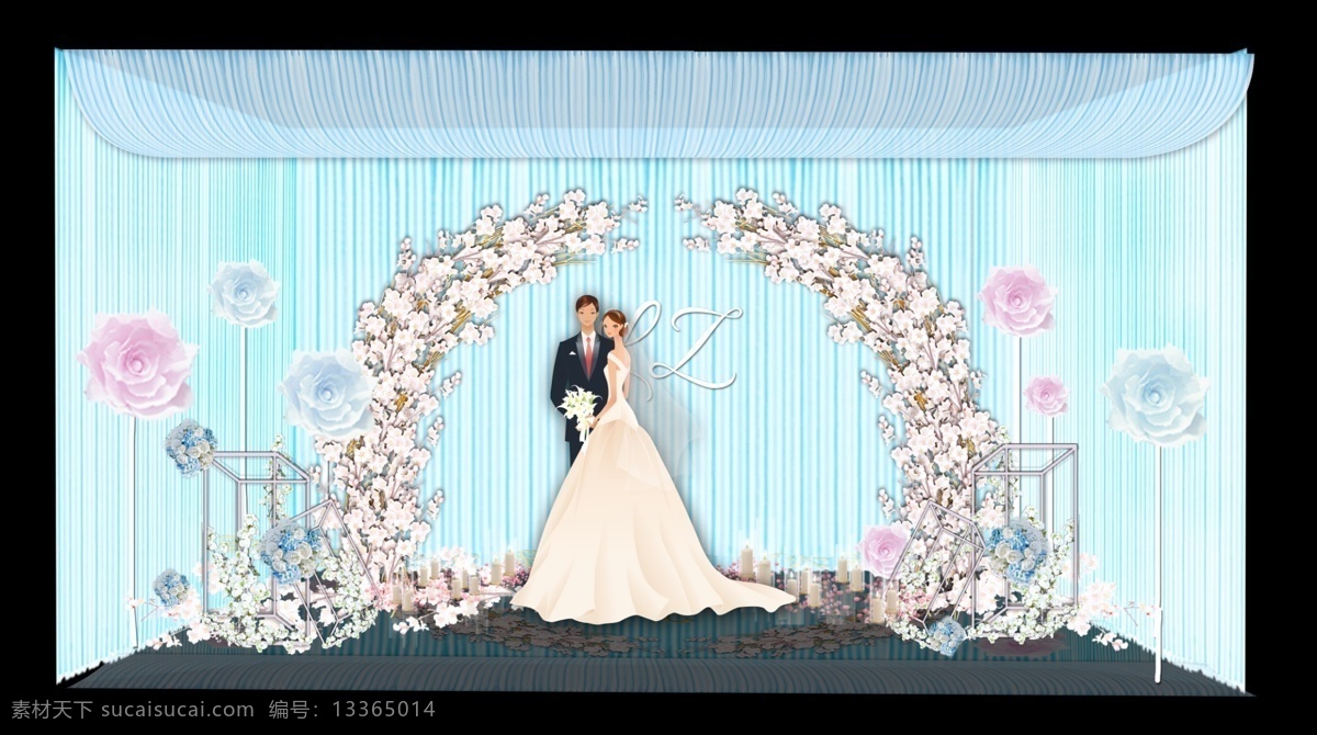 蓝色 小 清新 简约 韩式 婚礼 迎宾 小清新 布幔 新娘 新郎 粉色 撞色 纸花 金属框架 香槟色 弧形顶 镜面
