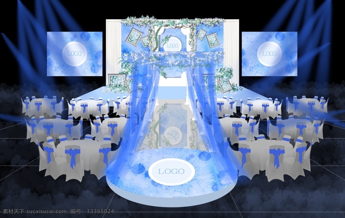 蓝色 婚礼 仪式 区 婚礼效果图 银相框 水墨背景 公主亭
