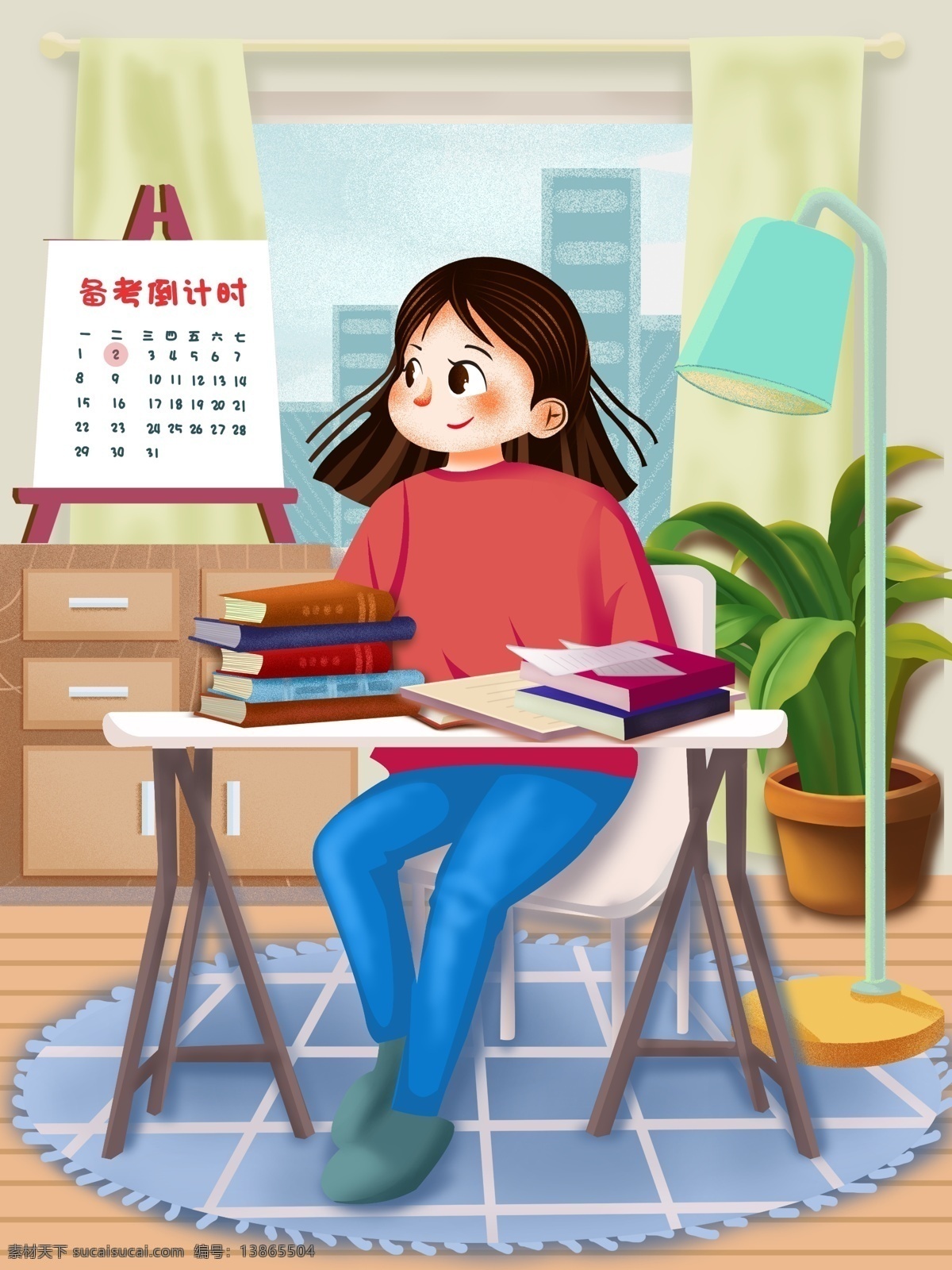 小女孩书桌做功课高考复习落地灯小清新插画素材图片下载-素材编号13865504-素材天下图库
