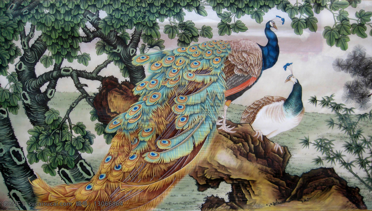 孔雀 动物 飞禽 羽翼 羽毛 山石 山竹 树木 树枝 树叶 梧桐 古典 国画 工笔 花鸟 彩墨画 装饰 民族风 中国元素 重彩画 绘画书法 文化艺术