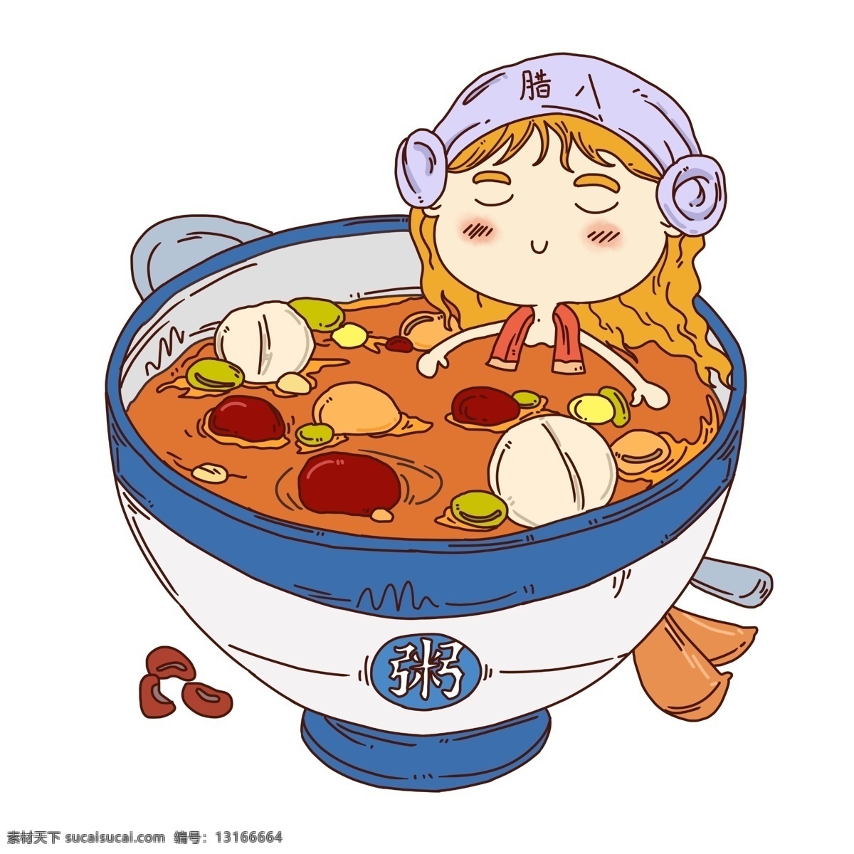 腊八节 坐在 碗 里 小女孩 白色的碗 紫色的帽子 漂亮的小女孩 卡通人物装饰 人物 插画 红色的红枣