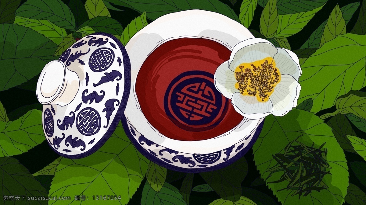 原创 青花 盖碗茶 文化 吃 茶 去 手绘 插画 茶文化 中国茶文化 茶道 吃茶