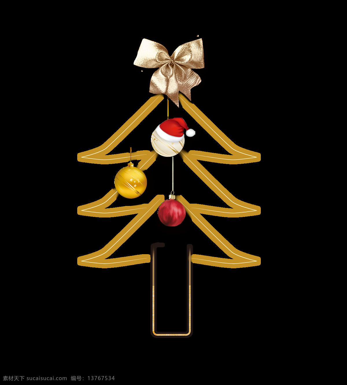 简洁 线条 圣诞树 圣诞节 蝴蝶结 彩球 金色